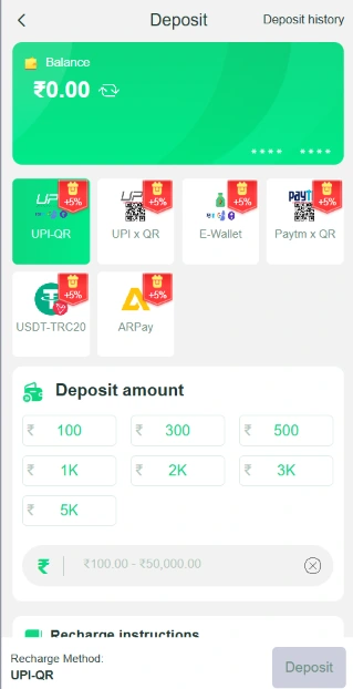 yaar win Deposit Section